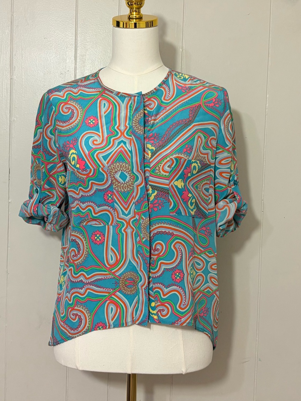 Amanda Uprichard 100% Silk Paisley Print Roll Tab Sleeve Blouse Top Size S